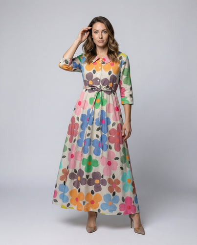 Damen Florale Geraffte Mischgewebe Hemdblusen-Maxikleid