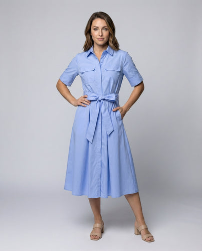 Damen Klassische Bindegürtel Mischgewebe Hemdblusenkleid