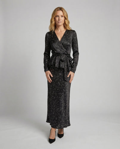 Damen Fließende Punktemuster Chiffon Langarm-Maxikleid