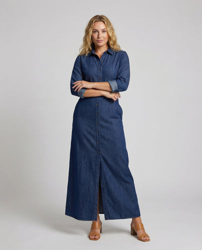 Damen Klassische Knopf-Front Chambray Maxikleid