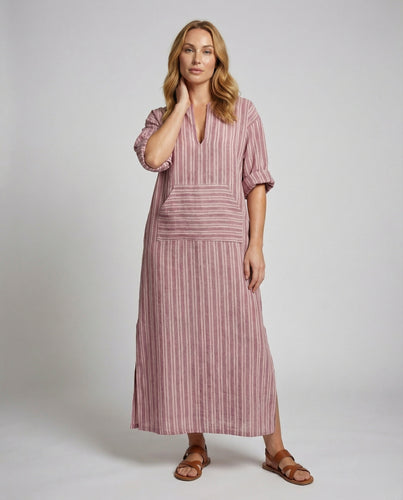 Damen Gestreifte Kängurutasche Baumwoll-Leinen Kaftankleid
