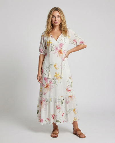 Damen Florale Kordelzug Mischgewebe Boho-Maxikleid