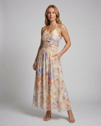 Damen Luftige Aquarell-Print Mischgewebe Maxikleid