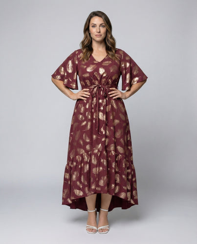 Damen Grafische Federmotiv Mischgewebe Maxikleid