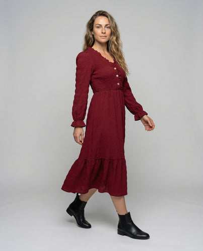 Damen Modische Rüschen-Details Mischgewebe Midikleid