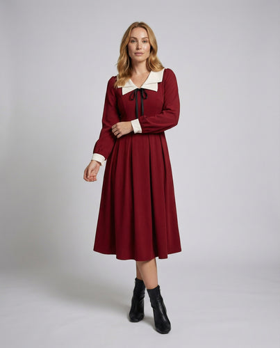 Damen Retro Matrosenkragen Mischgewebe Midikleid