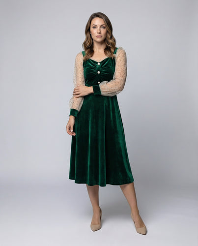 Damen Edle Perlendekor Samt Samt-Midikleid