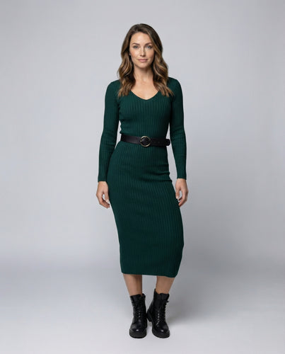 Damen Schmale Figurbetonte Stretchmix Rippstrick-Midikleid
