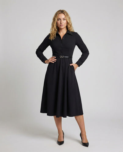 Damen Taillierte Ärmelschnalle Mischgewebe Hemdblusen-Midikleid