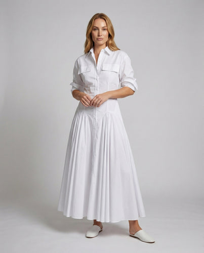 Damen Taillierte Godet-Rock Mischgewebe Maxi-Hemdkleid