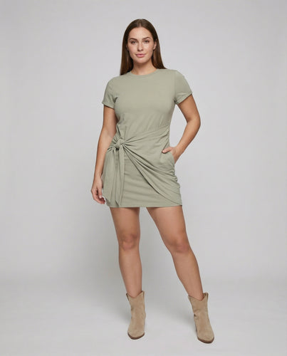 Damen Taillierte Knotendrapierung Baumwolljersey T-Shirt-Minikleid