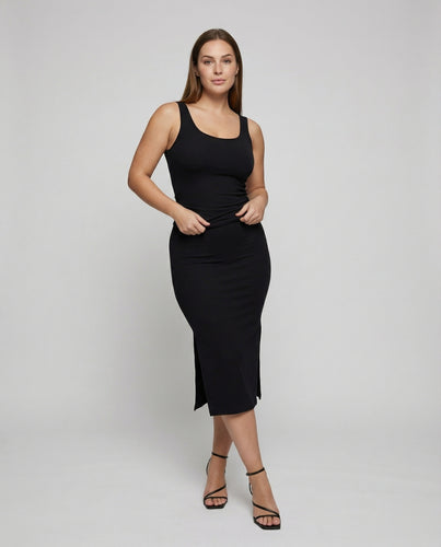 Damen Taillierte Beinschlitz Mischgewebe Träger-Midikleid