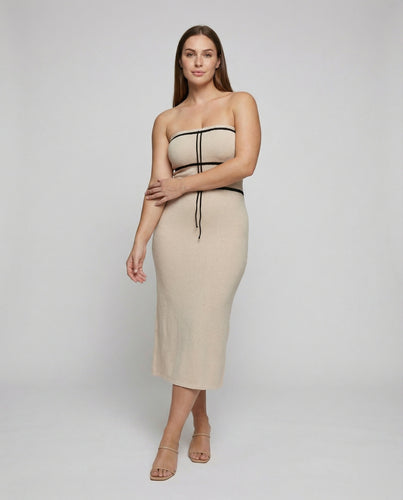 Damen Taillierte Kontraststreifen Bouclé Bouclé-Midikleid