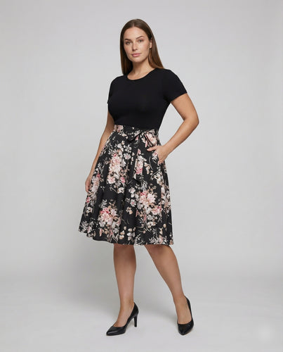Damen Retro Tellerrock Mischgewebe Vintage Midikleid