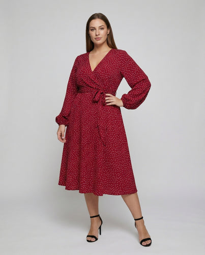 Damen Taillierte Ballonärmel Mischgewebe Wickel-Midikleid