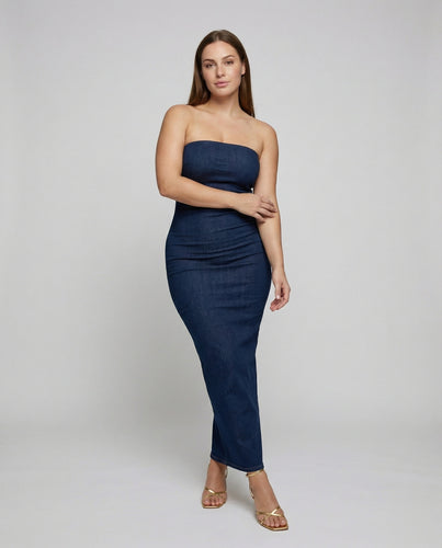 Damen Formende Raffung Denim Denim-Maxikleid