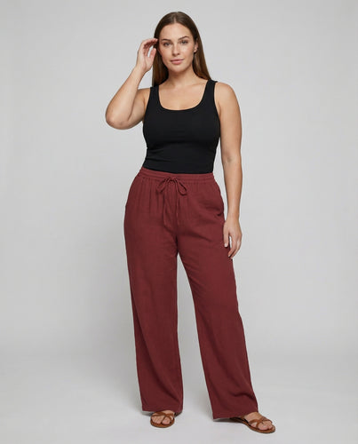 Damen Bodenlange Geraffter Komfortbund Leinenoptik Palazzo-Hose