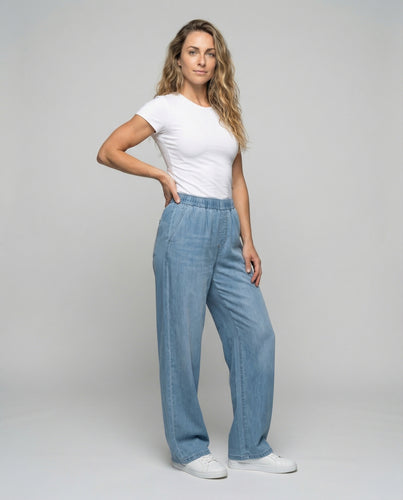 Damen Lockere Geraffter Komfortbund Denim Lounge-Jeanshose
