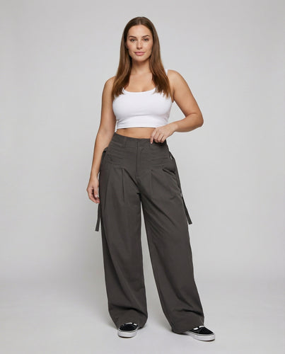 Damen Klassische Seitliche Zierschlaufe Mischgewebe Bundfaltenhose