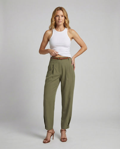 Damen Klassische Schmaler Knöchelabschluss Mischgewebe Bundfaltenhose