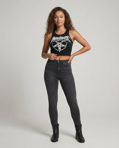 Damen Alternative Schädel-Hornprint Feinripp Gothic-Croptop