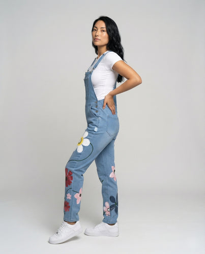 Damen Florale Verstellbare Träger Denim Denim-Latzhose