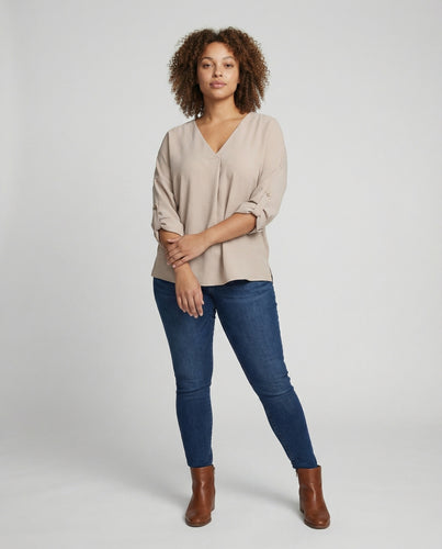 Damen Fließende Krempelärmel Polyester-Mix Tunika-Bluse