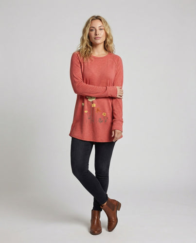 Damen Florale Raglanärmel Mischgewebe Longshirt