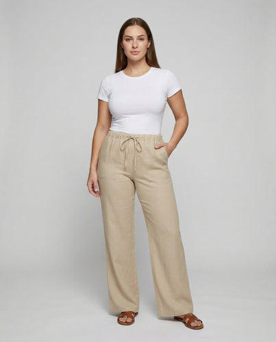 Damen Bequeme Aufgesetzte Taschen Leinenoptik Palazzo-Loungehose