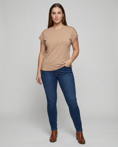 Damen Romantische Spitzen-Schulterpasse Baumwolljersey Baumwolljersey-Top