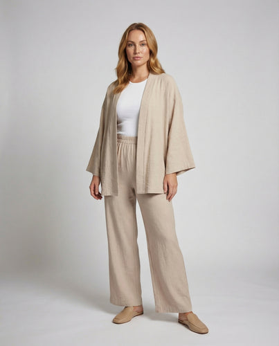 Damen Rustikale Offener Cardigan Leinenoptik Kimono-Set