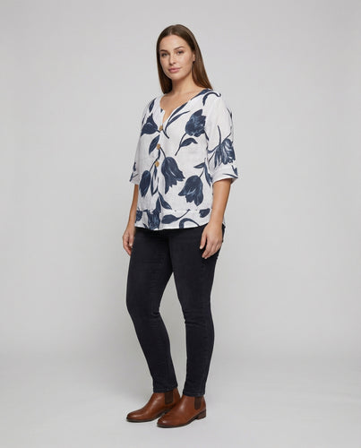 Damen Florale Holzknopfleiste Leinenoptik Leinenoptik-Bluse