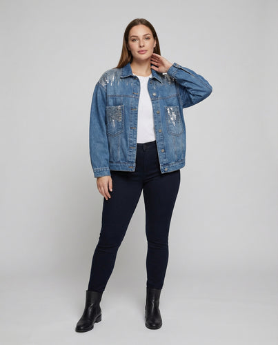 Damen Extravagante Paillettenbesatz Denim Jeansjacke
