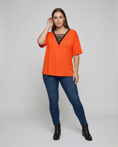 Damen Schlichte Dekorative Querbänder Mischgewebe V-Ausschnittshirt