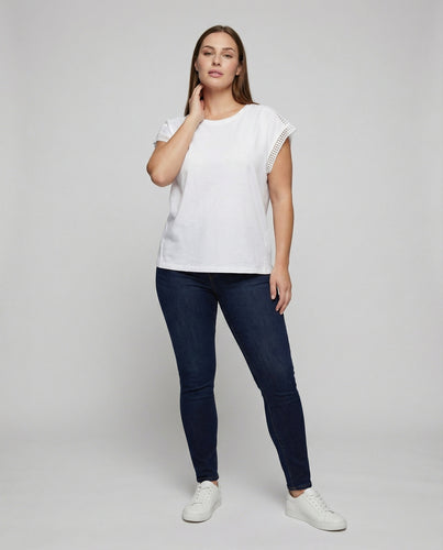 Damen Romantische Gehäkelte Spitzenkante Mischgewebe Rundhals-T-Shirt