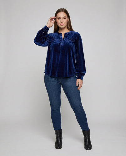 Damen Elegante Geraffte Brustpasse Samt Samt-Henleybluse