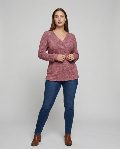 Damen Feminine Überlappende V-Ausschnitt Rippstrick Tunika-Pullover