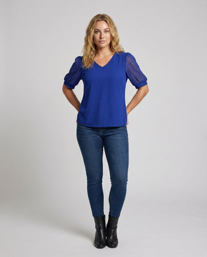 Damen Feminine Transparente Spitzeneinsätze Jersey V-Ausschnitt-Jerseyshirt