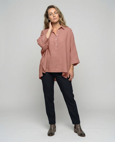 Damen Rustikale Asymmetrischer Zipfelsaum Leinenoptik Ponchobluse