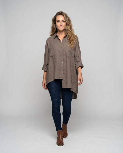 Damen Rustikale Hemdkragen Leinenoptik Hemdkleid