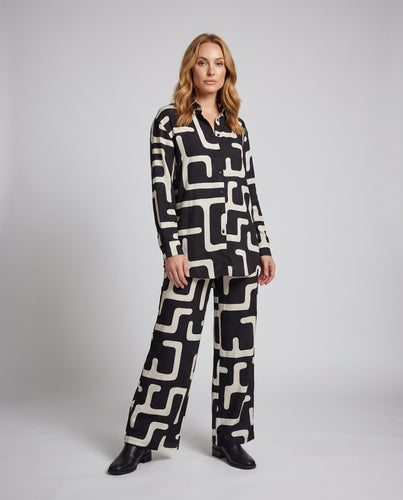 Damen Grafische Grafisches Muster Mischgewebe Longblusen-Hosen-Set