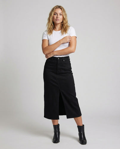 Damen Klassische Mittiger Frontschlitz Denim Jeansmidirock
