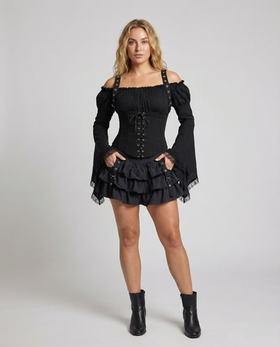 Damen Alternative Voluminöser Stufenrock Mischgewebe Neo-Gothic-Set