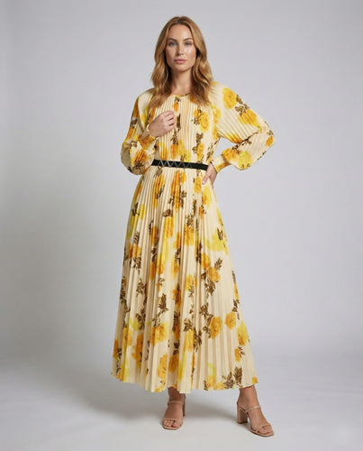 Damen Florale Schmale Taillenpasse Plissee Maxikleid