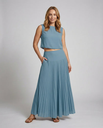 Damen Elegante Geraffte Bundpasse Plissee Zweiteiler-Set