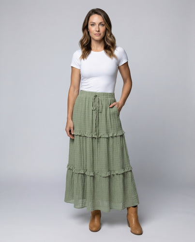 Damen Bequeme Volantdetail Baumwollkrepp Stufenmaxirock