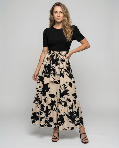 Damen Romantische Bedruckter Volantrock Jersey Stufiges Maxikleid