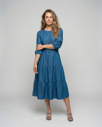 Damen Rustikale Voluminöse Dreiviertelärmel Denim-inspiriert Stufenkleid