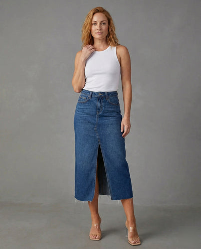 Damen Urbane Roher Saum Denim Jeansmidirock