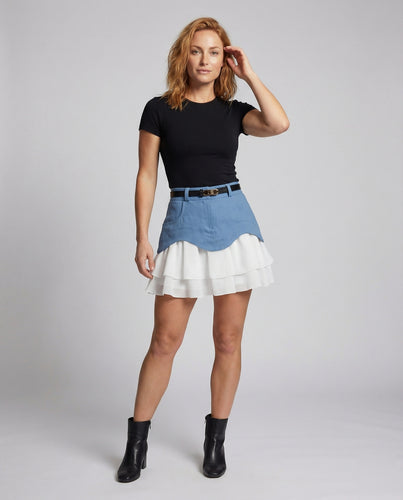 Damen Moderne Stufige Chiffon-Volants Lederimitat Zweilagiger Minirock